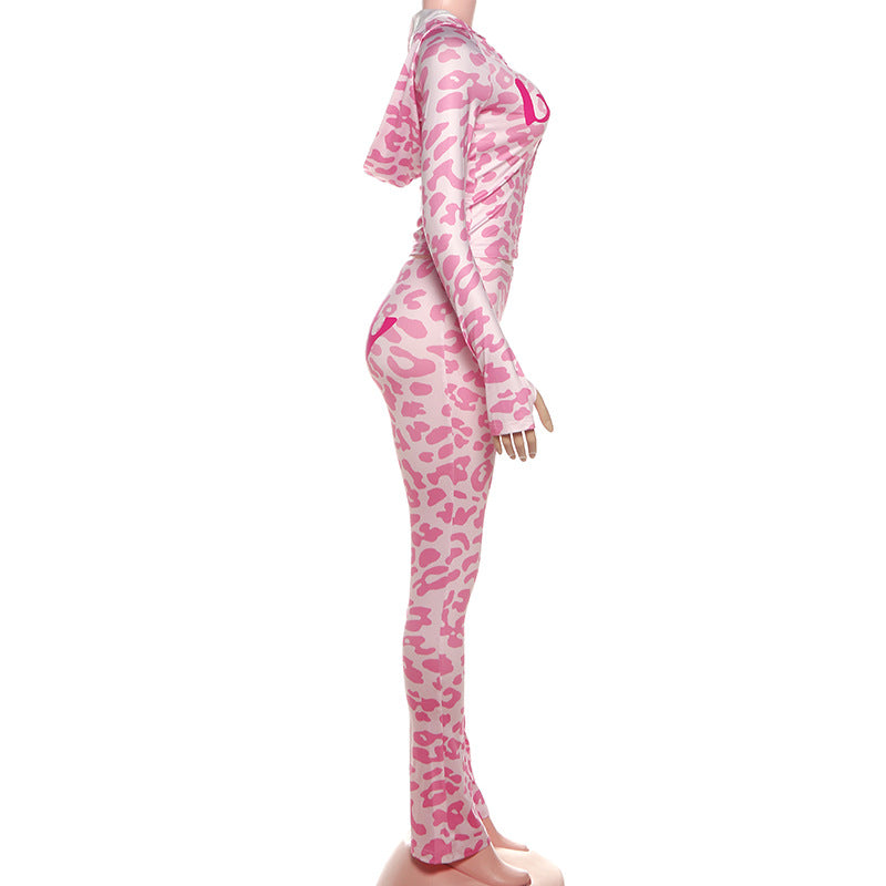 Leopard print hoodie long sleeve zip-up pant set  | Festival Outfits Women