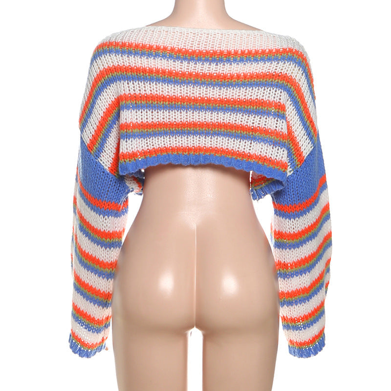 Long sleeve knitted striped contrast crop top  | Festival Outfits Women