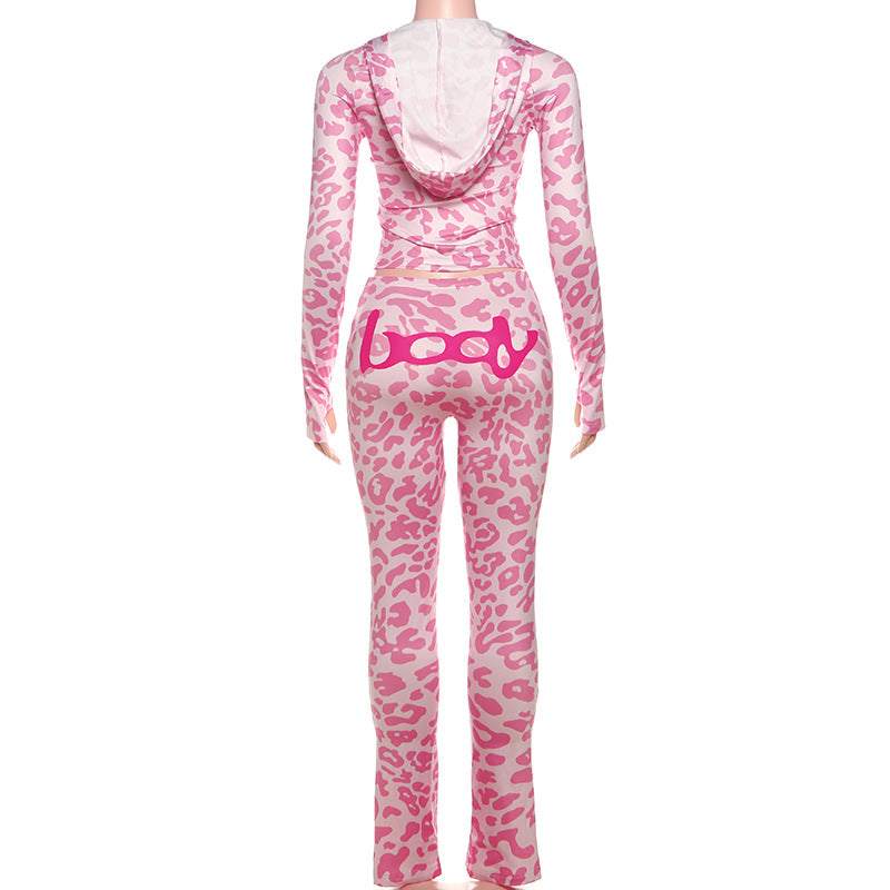Leopard print hoodie long sleeve zip-up pant set  | Festival Outfits Women