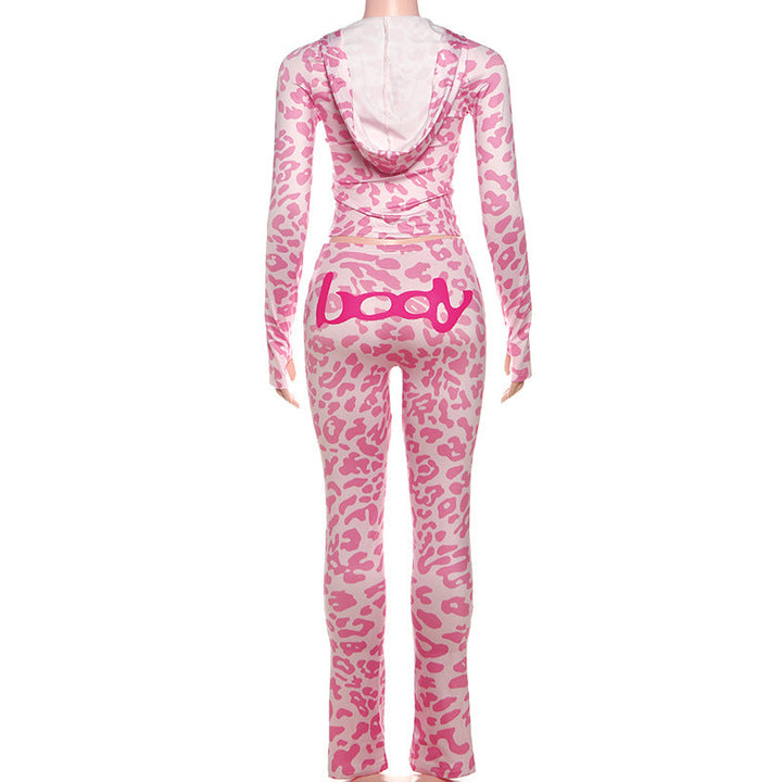 Leopard print hoodie long sleeve zip-up pant set  | Festival Outfits Women