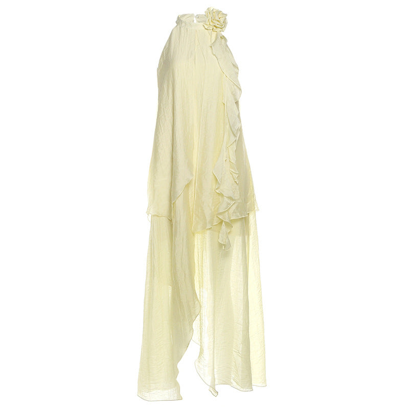Crewneck flower applique irregular maxi dress  | Festival Outfits Women