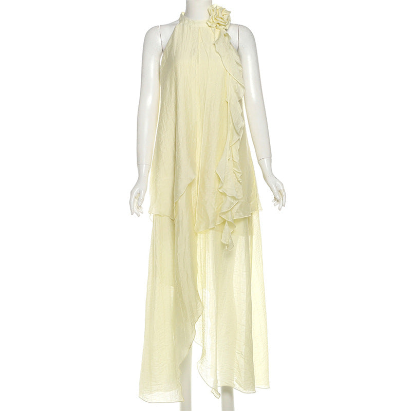 Crewneck flower applique irregular maxi dress  | Festival Outfits Women