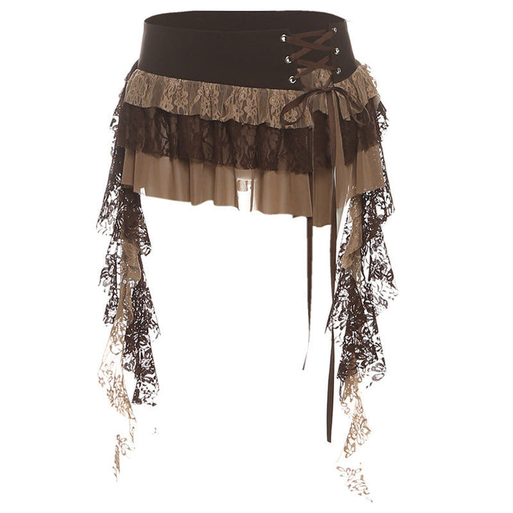 Irregular lace up mesh lace patchwork mini skirt  | Festival Outfits Women