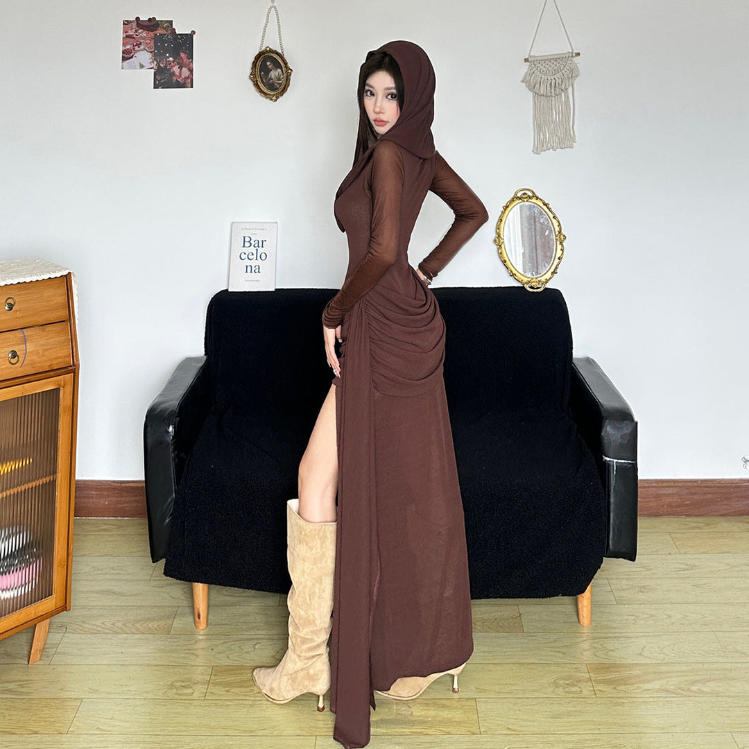 Hoodie long sleeve slit ruched maxi dress  | Festival Outfits Women