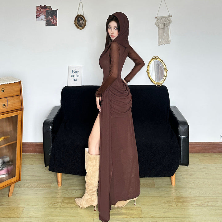 Hoodie long sleeve slit ruched maxi dress  | Festival Outfits Women