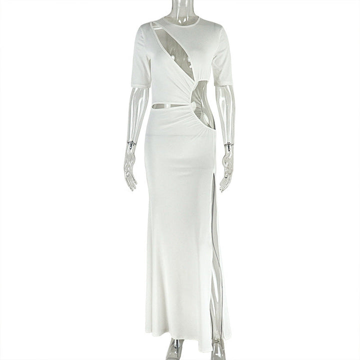 Crewneck hollow out slit long sleeve cut out maxi dress  | Festival Outfits Women