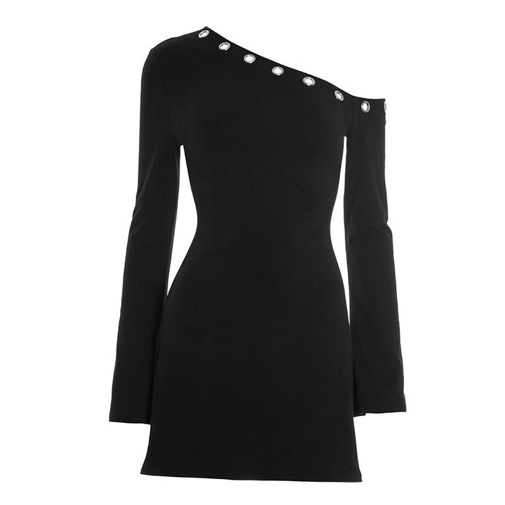 One shoulder long sleeve hollow out cut out mini dress  | Festival Outfits Women-final-sale