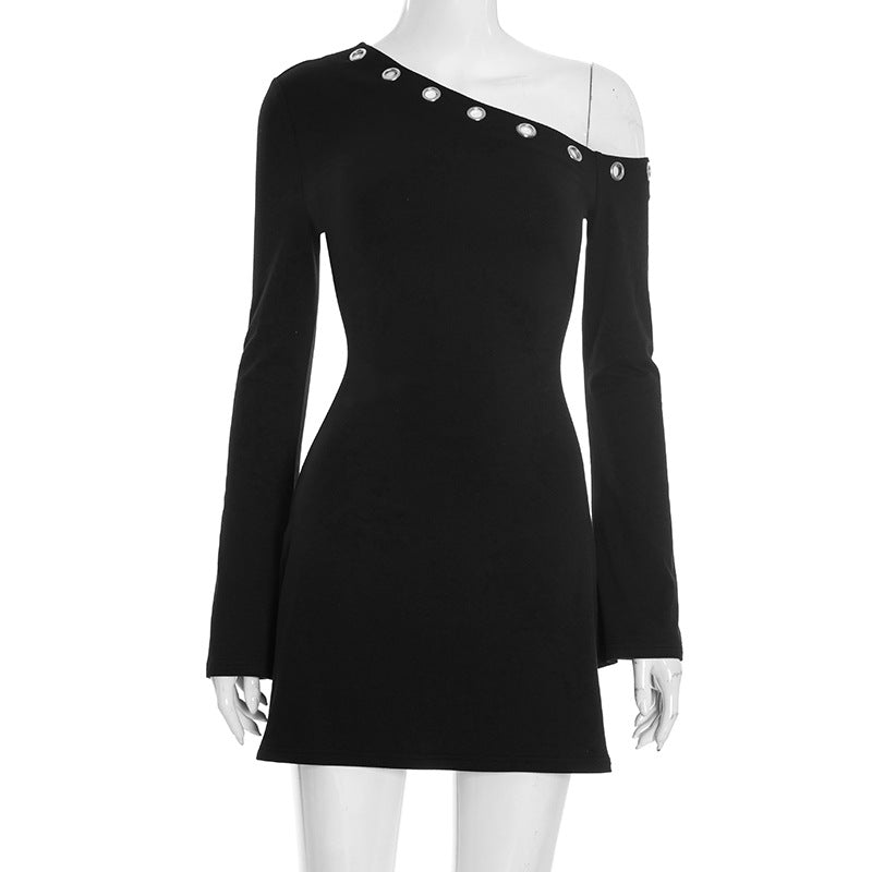 One shoulder long sleeve hollow out cut out mini dress  | Festival Outfits Women-final-sale