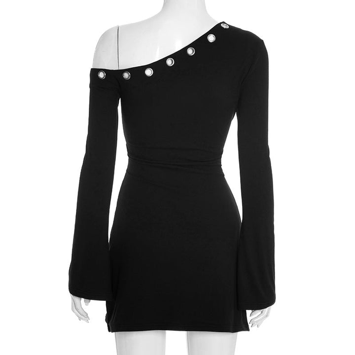 One shoulder long sleeve hollow out cut out mini dress  | Festival Outfits Women-final-sale