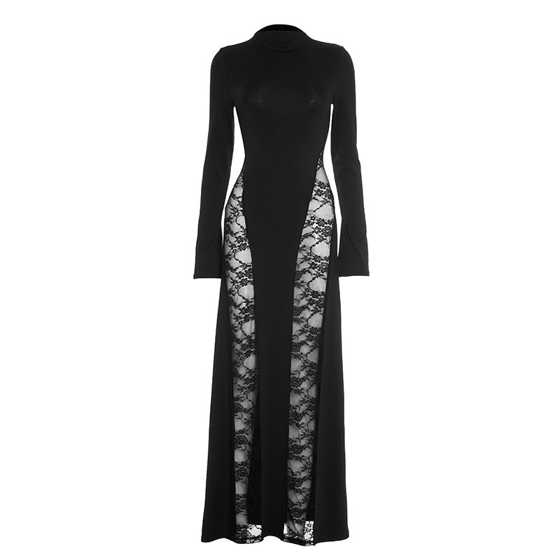 Long sleeve high neck lace patchwork maxi dress-final-sale