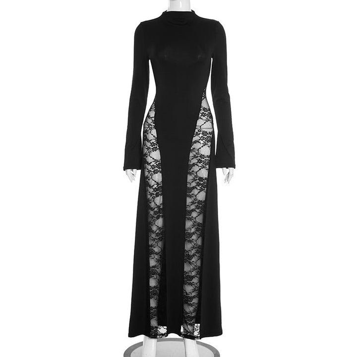 Long sleeve high neck lace patchwork maxi dress-final-sale