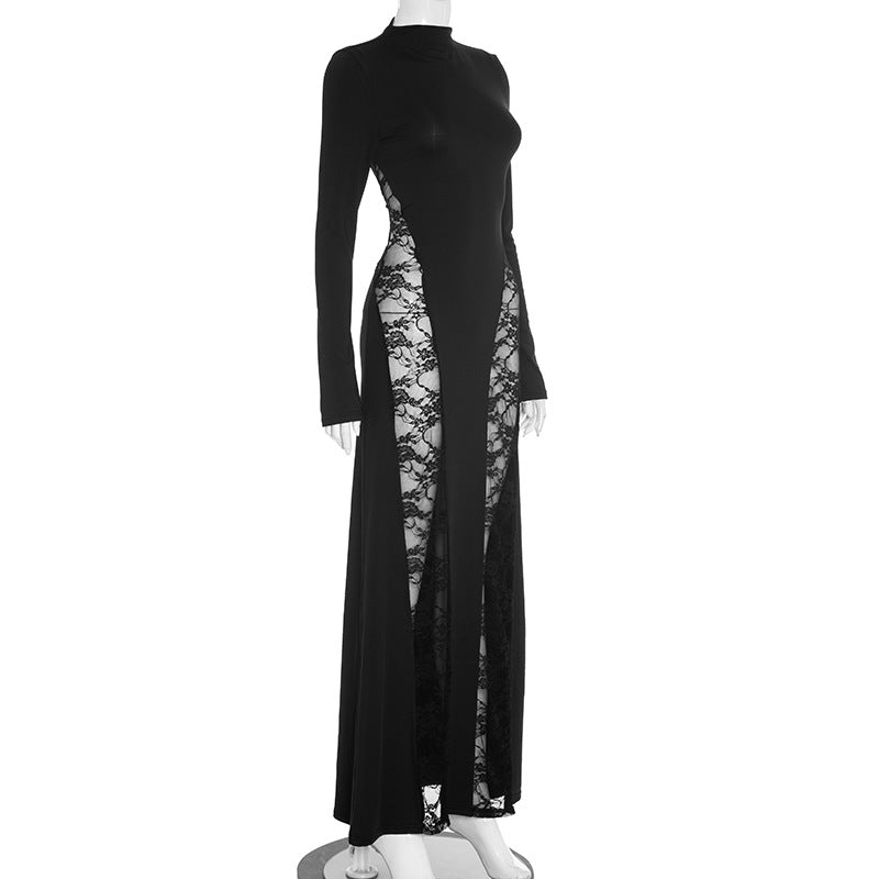 Long sleeve high neck lace patchwork maxi dress-final-sale