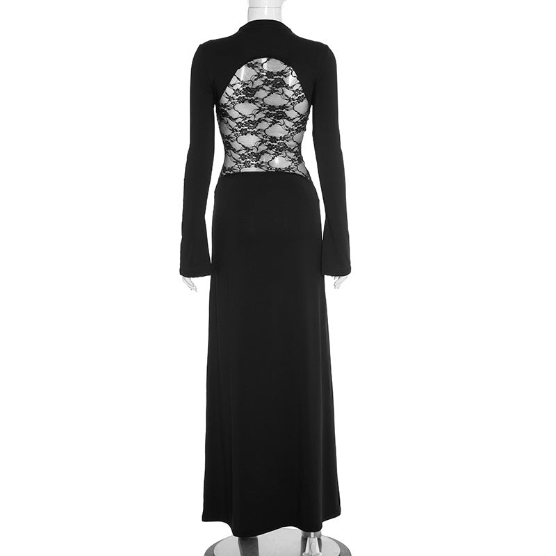 Long sleeve high neck lace patchwork maxi dress-final-sale