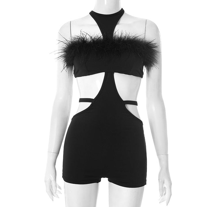 Self tie hollow out fluffy romper  | Festival Outfits Women-final-sale