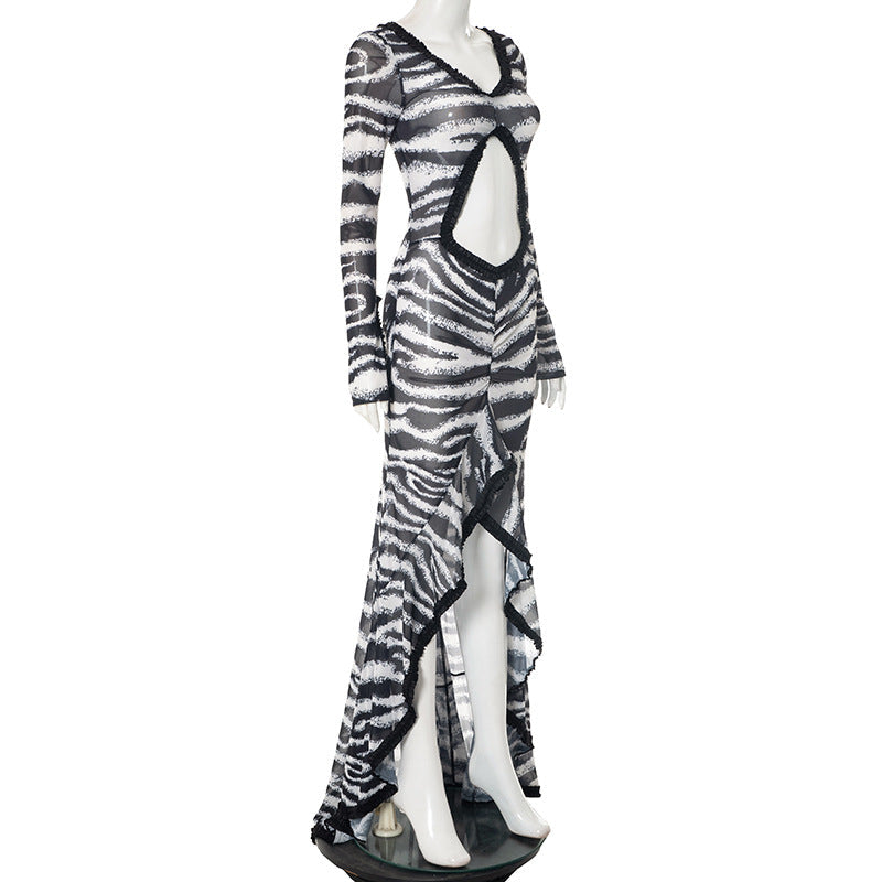Zebra print hollow out slit ruffle cut out maxi dress  | Festival Outfits Women