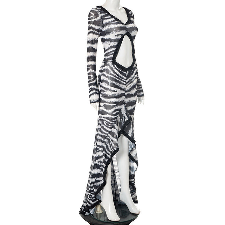 Zebra print hollow out slit ruffle cut out maxi dress  | Festival Outfits Women