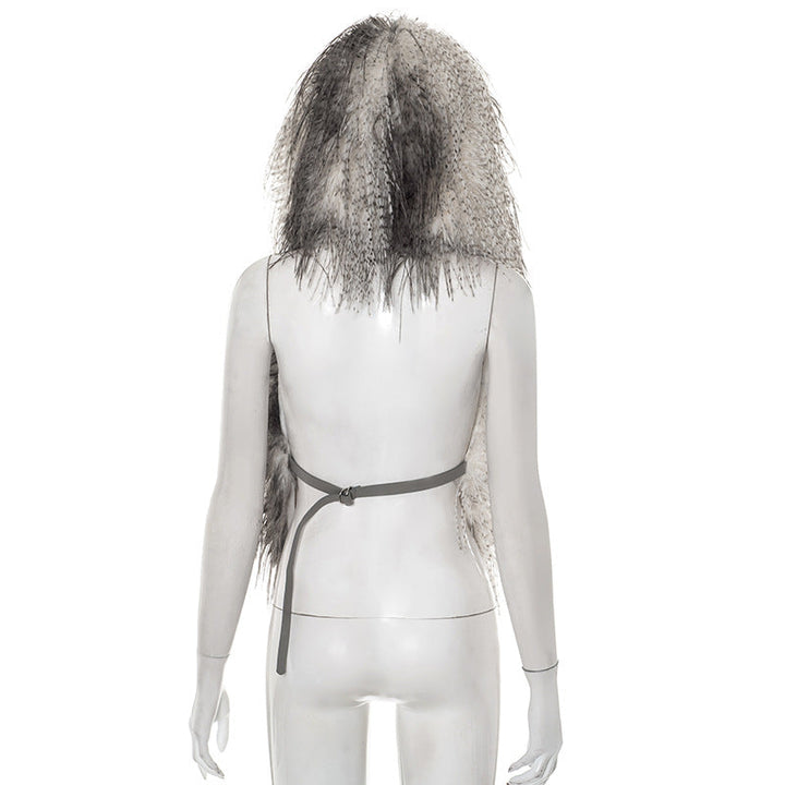Hoodie fluffy self tie v neck backless top  | Festival Outfits Women