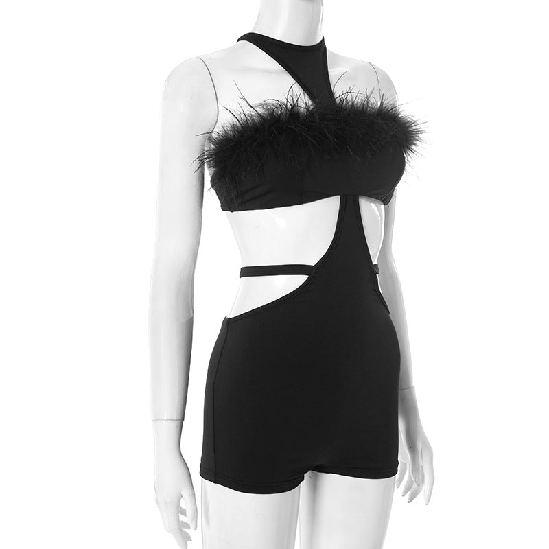 Self tie hollow out fluffy romper  | Festival Outfits Women-final-sale
