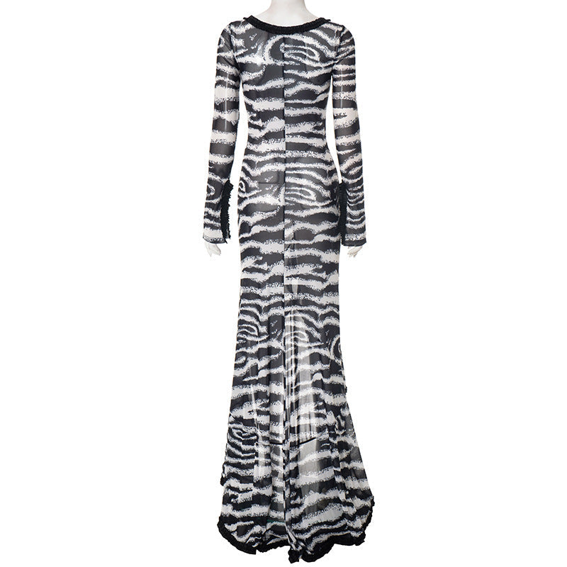 Zebra print hollow out slit ruffle cut out maxi dress  | Festival Outfits Women