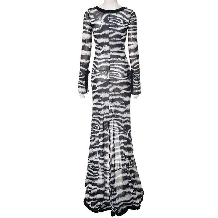 Zebra print hollow out slit ruffle cut out maxi dress  | Festival Outfits Women
