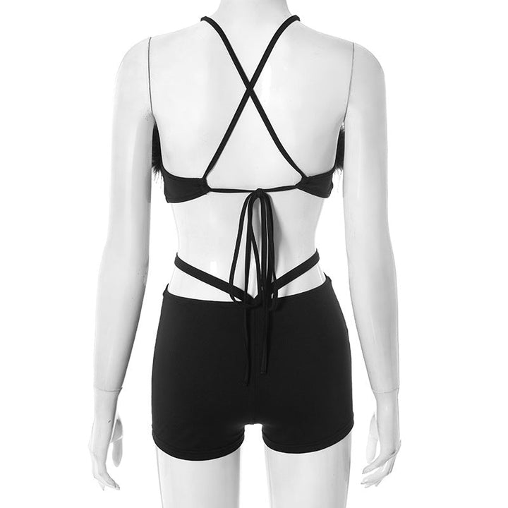 Self tie hollow out fluffy romper  | Festival Outfits Women-final-sale