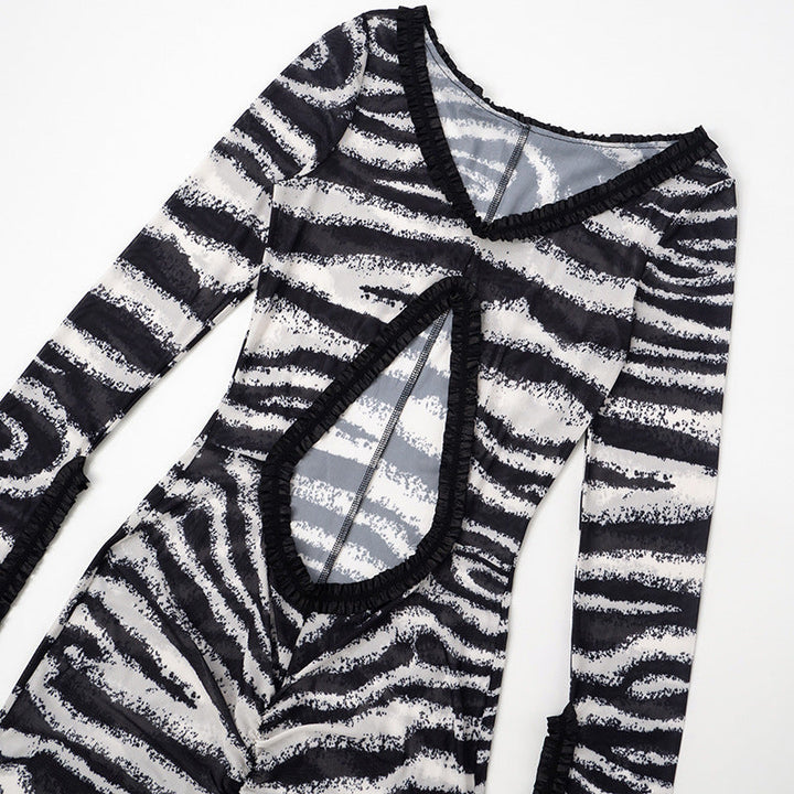 Zebra print hollow out slit ruffle cut out maxi dress  | Festival Outfits Women