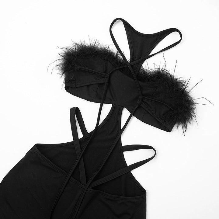 Self tie hollow out fluffy romper  | Festival Outfits Women-final-sale