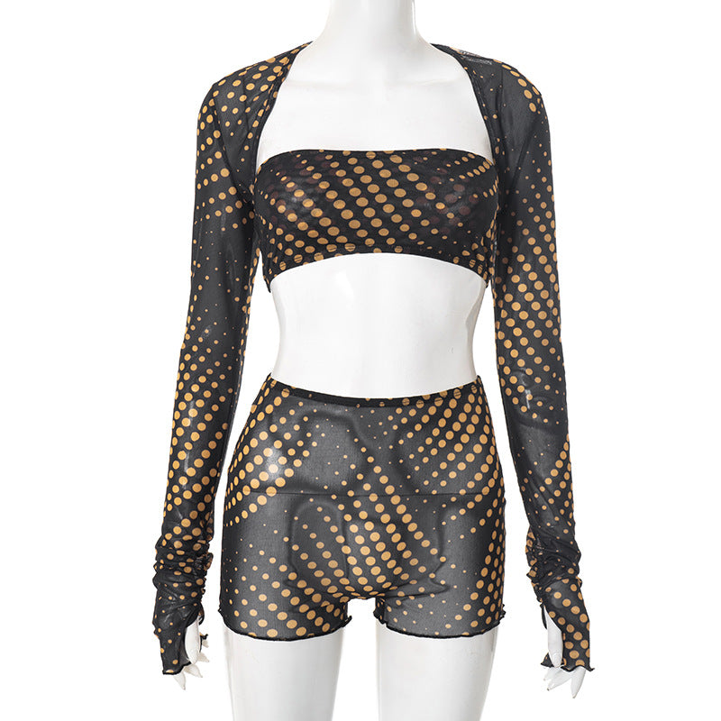 Polka dot long sleeve mesh 3 piece short pant set  | Festival Outfits Women