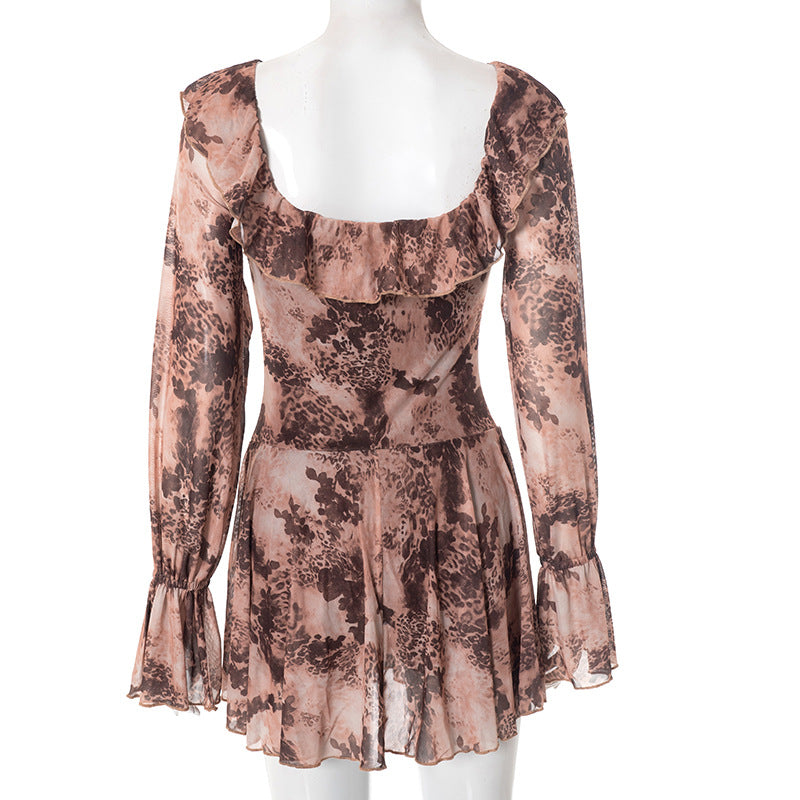Long flared sleeve ruffle lace up print mini dress  | Festival Outfits Women