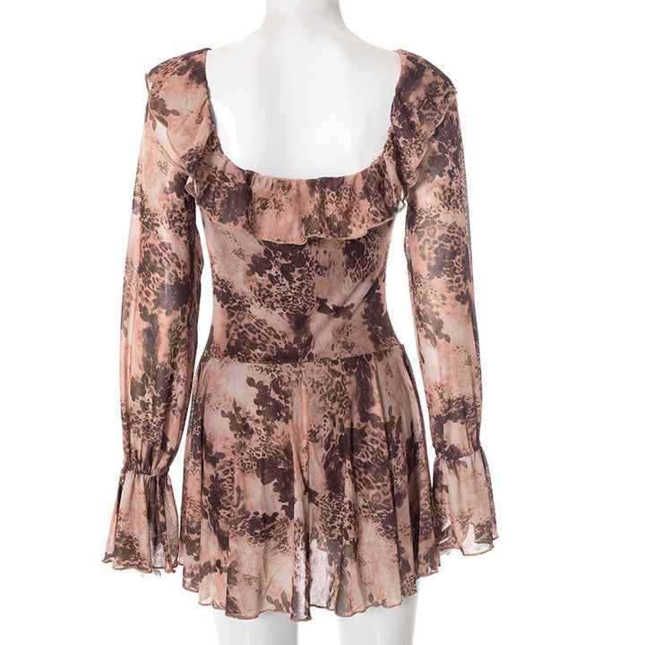 Long flared sleeve ruffle lace up print mini dress  | Festival Outfits Women