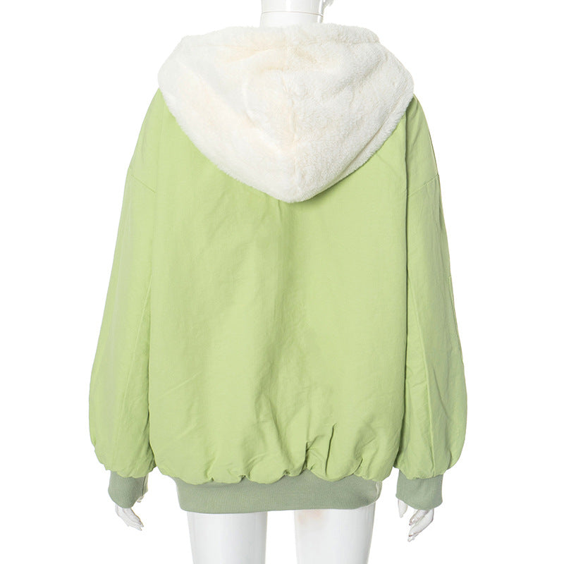 Long sleeve hoodie fluffy 2-way pocket zip-up coat top  | Festival Outfits Women