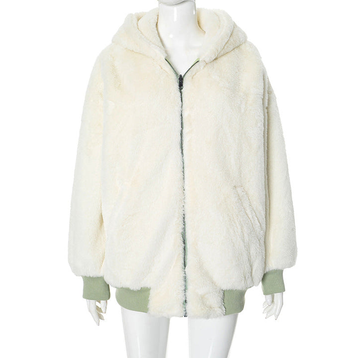 Long sleeve hoodie fluffy 2-way pocket zip-up coat top  | Festival Outfits Women