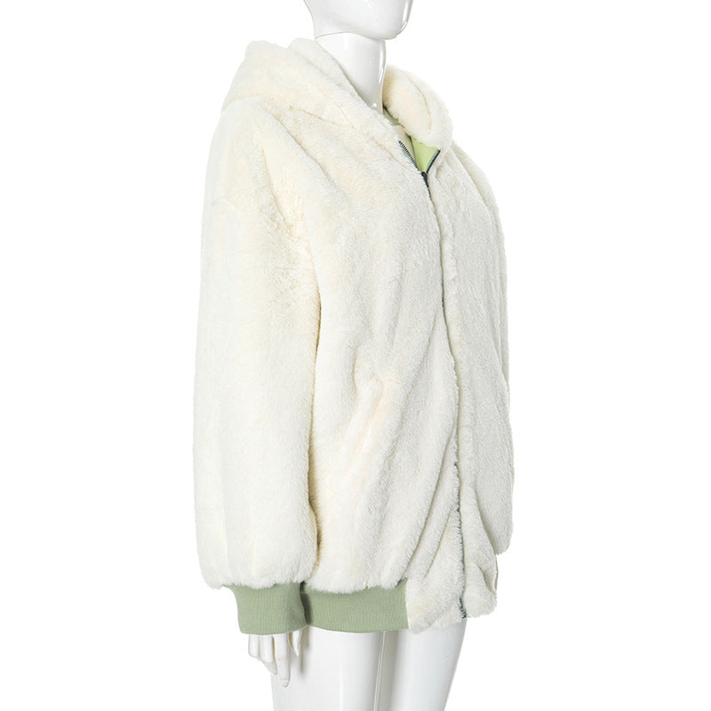 Long sleeve hoodie fluffy 2-way pocket zip-up coat top  | Festival Outfits Women