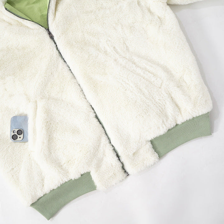 Long sleeve hoodie fluffy 2-way pocket zip-up coat top  | Festival Outfits Women