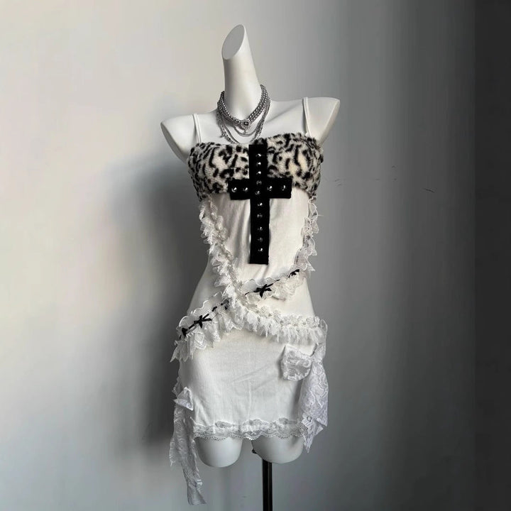 Leopard print cross pattern ruffle cami mini dress  | Festival Outfits Women  | Leopard Print Mini Dress