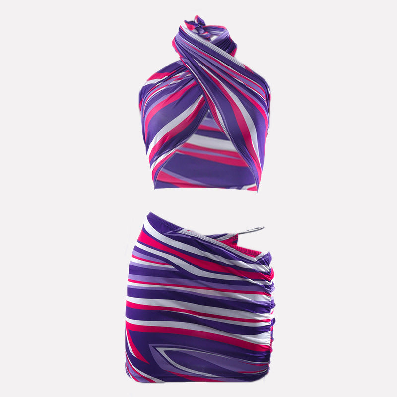 Striped print halter contrast mini skirt set  | Festival Outfits Women