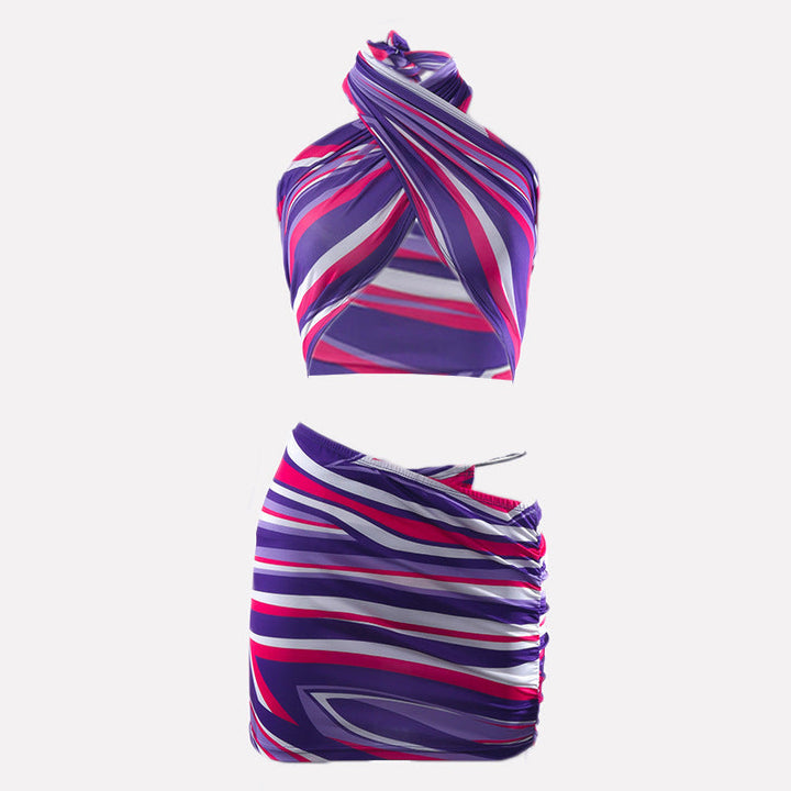 Striped print halter contrast mini skirt set  | Festival Outfits Women