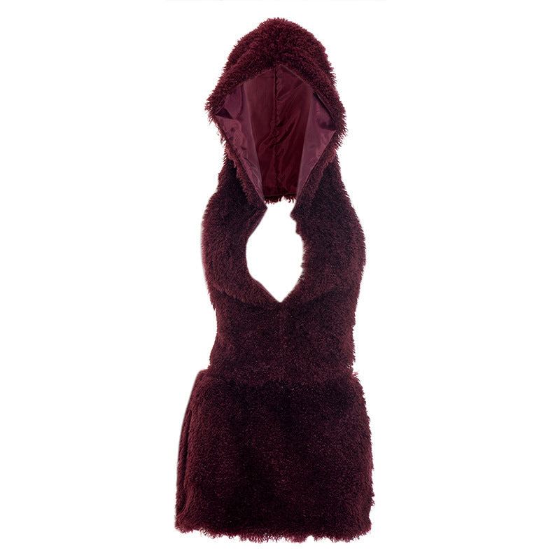 Hoodie backless self tie fluffy mini skirt set  | Festival Outfits Women