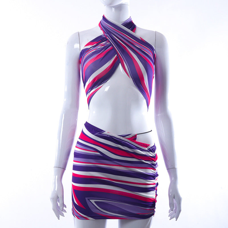 Striped print halter contrast mini skirt set  | Festival Outfits Women