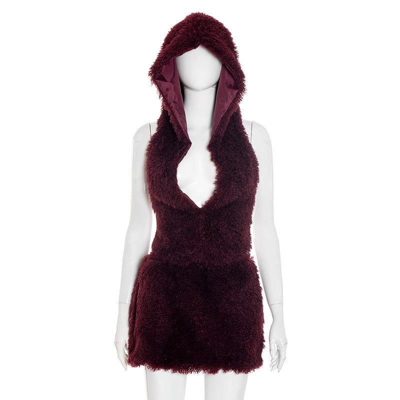 Hoodie backless self tie fluffy mini skirt set  | Festival Outfits Women