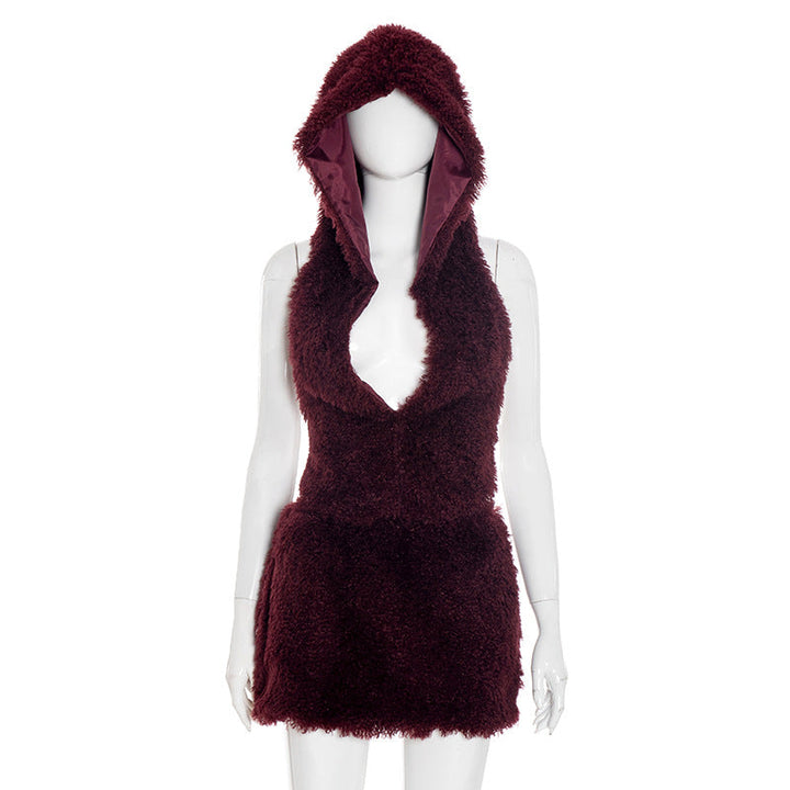 Hoodie backless self tie fluffy mini skirt set  | Festival Outfits Women