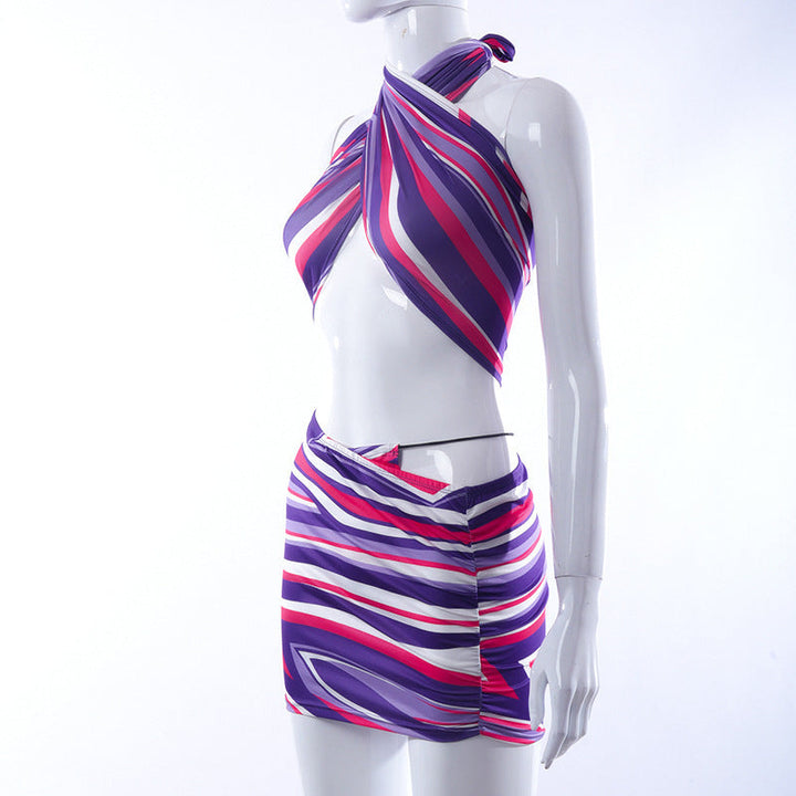Striped print halter contrast mini skirt set  | Festival Outfits Women