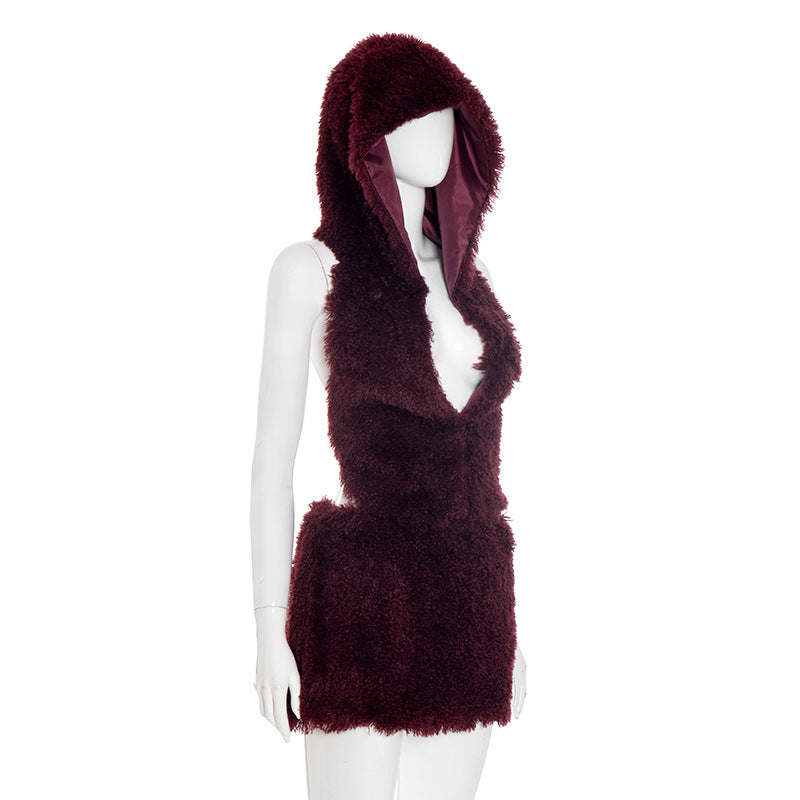 Hoodie backless self tie fluffy mini skirt set  | Festival Outfits Women