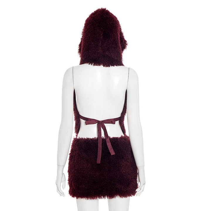 Hoodie backless self tie fluffy mini skirt set  | Festival Outfits Women