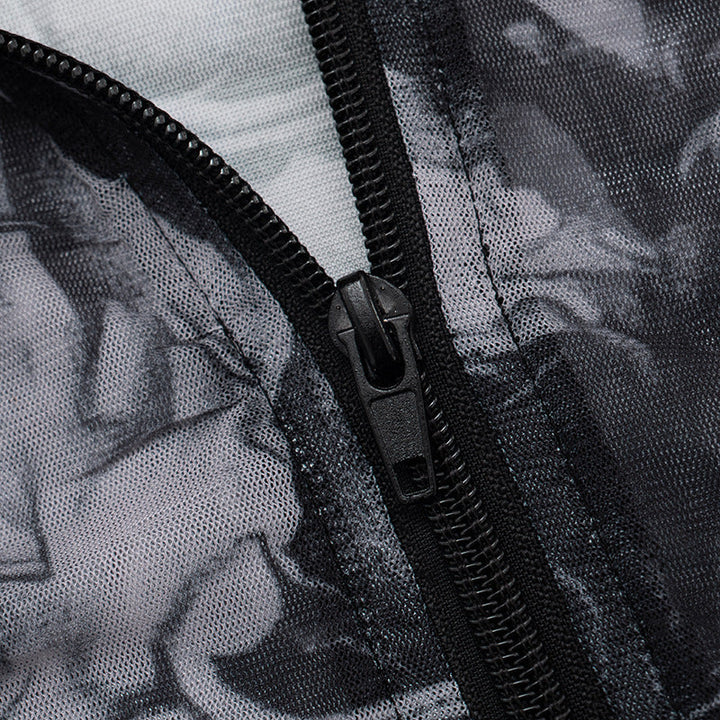 Long sleeve abstract zip-up mesh short pant set  | Festival Outfits Women