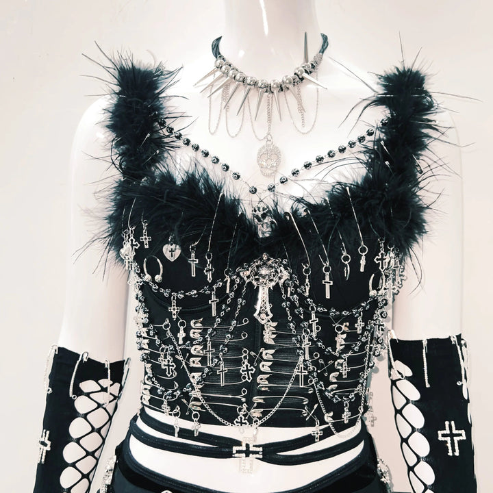 Feather metal chain beaded v neck cami top  | Festival Outfits Women