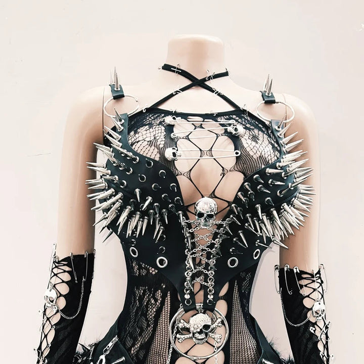 Hollow out rivet applique metal chain o ring cut out top  | Festival Outfits Women