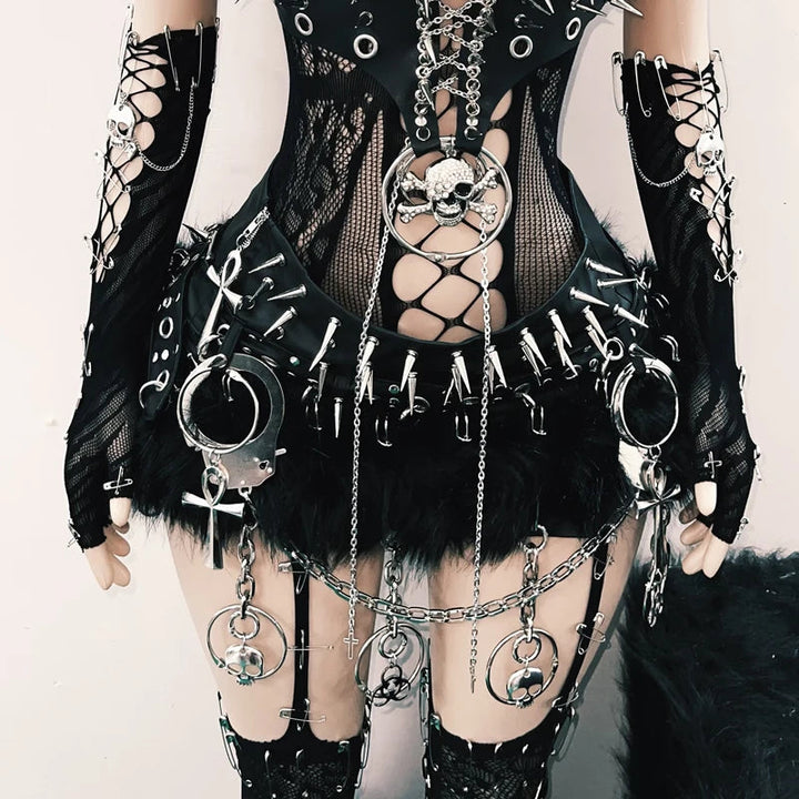 Hollow out rivet applique metal chain o ring cut out top  | Festival Outfits Women