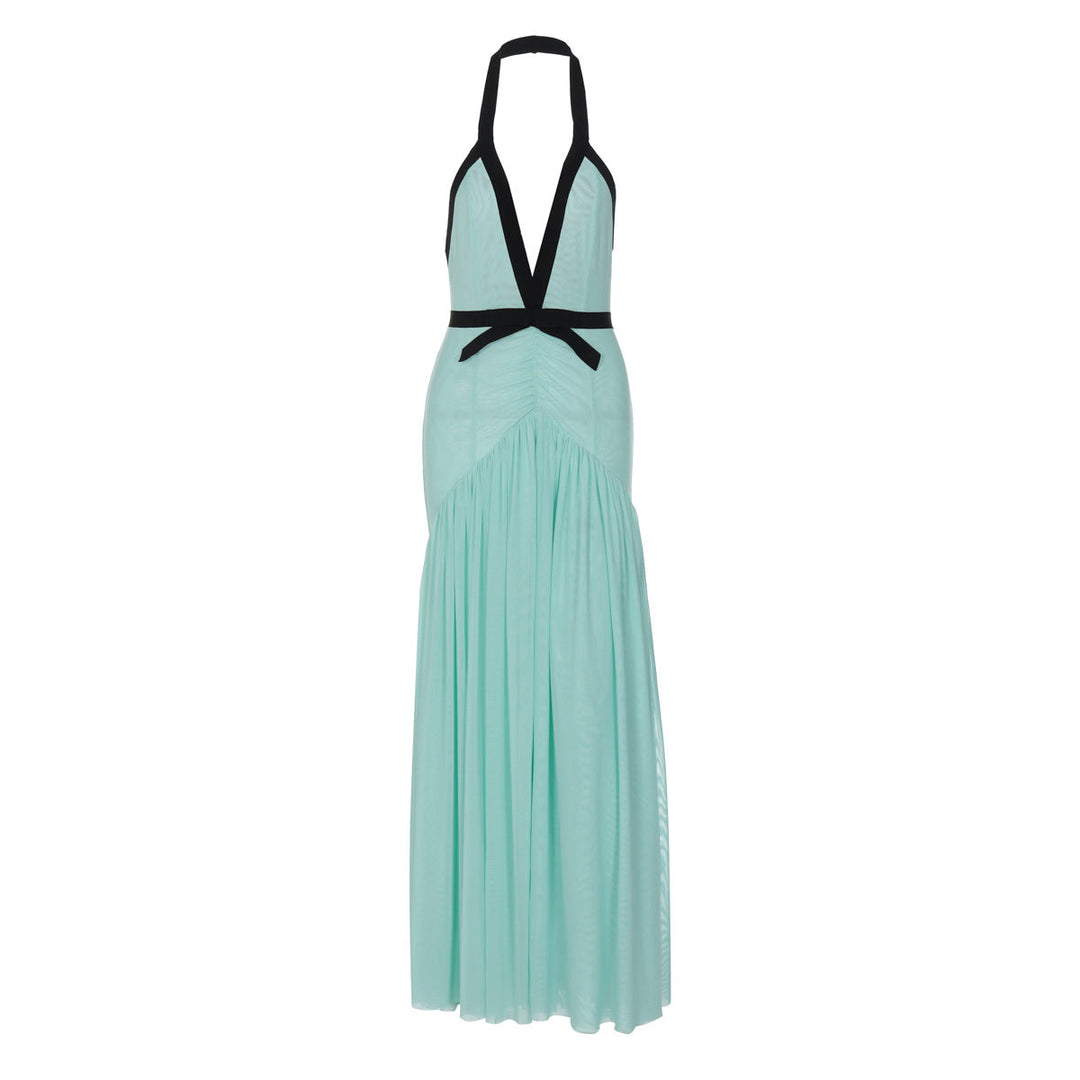 Halter ruched mesh deep V neck maxi dress  | Festival Outfits Women