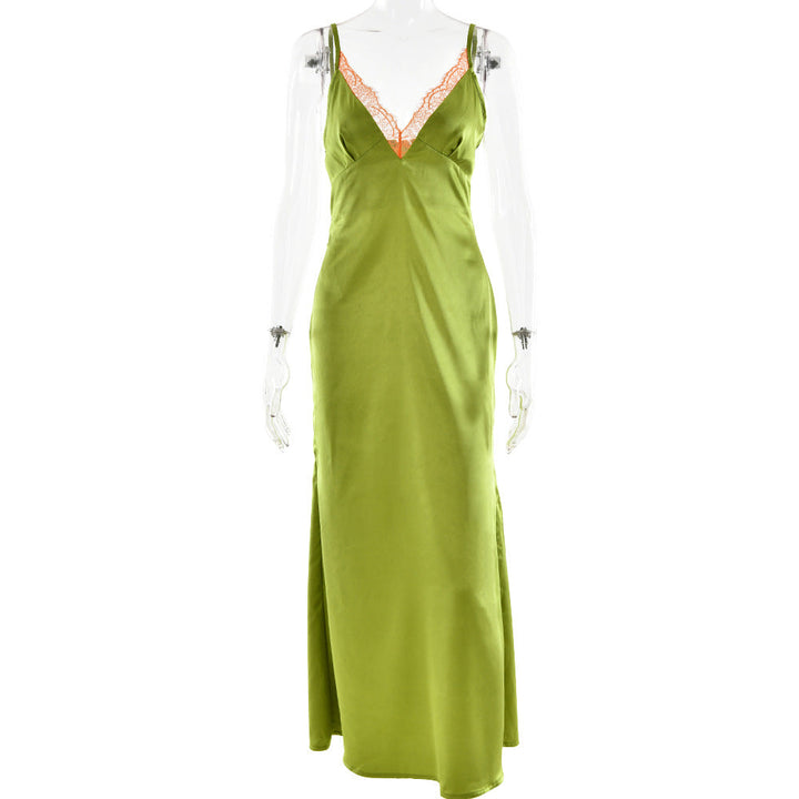 Satin lace hem v neck zip-up cami maxi dress  | Festival Outfits Women